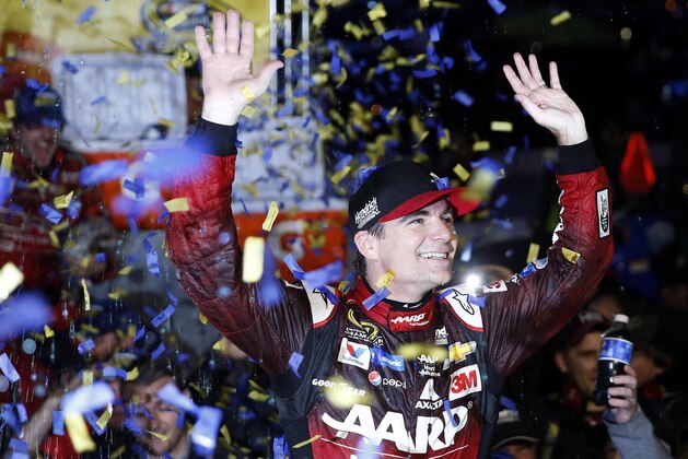 Nov 1, 2015; Martinsville, VA, USA; Sprint Cup Series driver Jeff Gordon (24) celebrates winning the Goody's Headache Relief Shot 500 at Martinsville Speedway. Mandatory Credit: Peter Casey-USA TODAY Sports