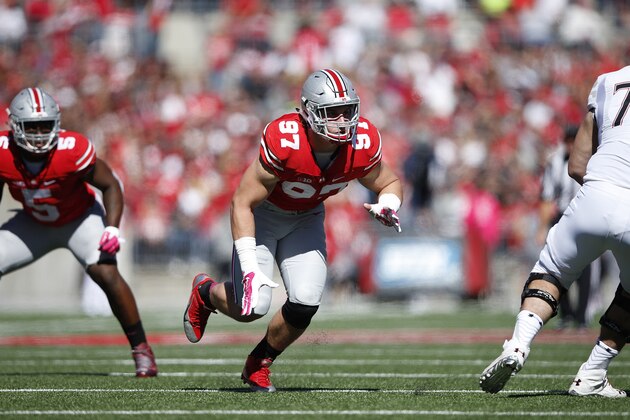 COLUMBUS, OH - OCTOBER 10: Joey Bosa #97 of the Ohio State Buckeyes in action against the Maryland Terrapins during a game at Ohio Stadium on October 10, 2015 in Columbus, Ohio. The Buckeyes defeated the Terrapins 49-28. (Photo by Joe Robbins/Getty Images)