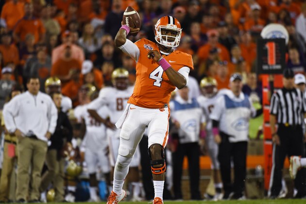 Clemson quarterback Deshaun Watson (4) throws a pass against Boston College during the second half of an NCAA college football game, Saturday, Oct. 17, 2015, in Clemson, S.C. (AP Photo/Rainier Ehrhardt)