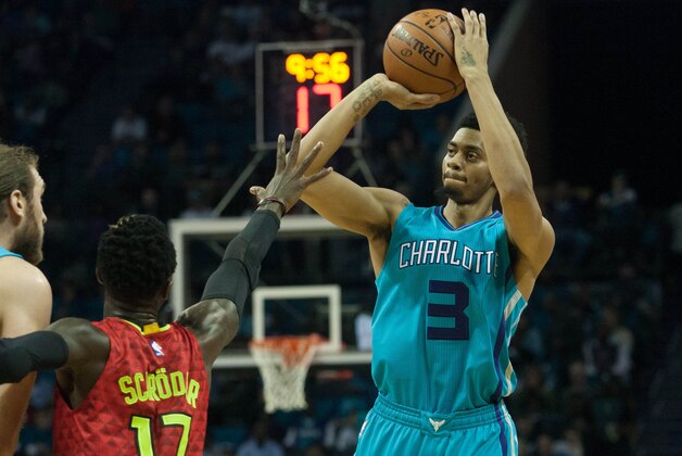 Nov 1, 2015; Charlotte, NC, USA; Charlotte Hornets guard Jeremy Lamb (3) shoots the ball over Atlanta Hawks guard Dennis Schroder (17) during the first half at Time Warner Cable Arena. Mandatory Credit: Jeremy Brevard-USA TODAY Sports