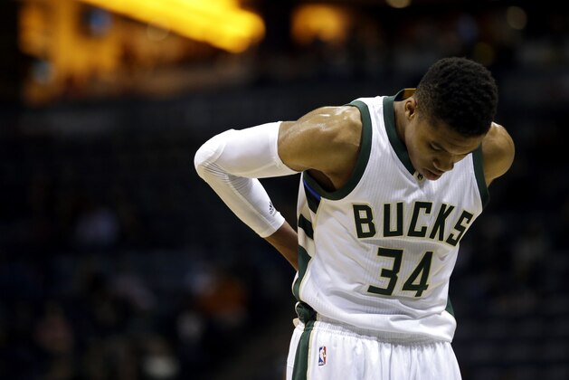 Milwaukee Bucks' Giannis Antetokounmpo during an NBA preseason basketball game against the Detroit Pistons  Saturday, Oct. 10, 2015, in Milwaukee. (AP Photo/Aaron Gash)