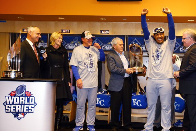 Kansas City Royals' Salvador Perez celebrates after Game 5 of the Major League Baseball World Series against the New York Mets Monday, Nov. 2, 2015, in New York. The Royals won 7-2 to win the series. (Al Bello/Pool via AP)