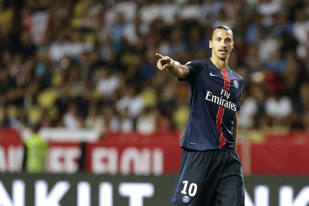 PSG player Zlatan Ibrahimovic gestures during the French League One soccer match against Monaco, in Monaco stadium, Sunday, Aug. 30, 2015. (AP Photo/Lionel Cironneau)