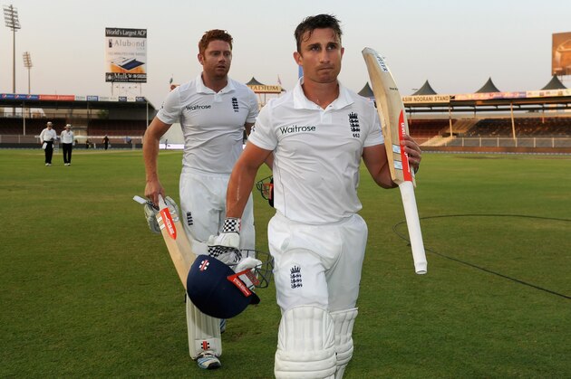 SHARJAH, UNITED ARAB EMIRATES - NOVEMBER 02:  James Taylor and Jonathan Bairstow of England leave the field at stumps on day two of the 3rd Test between Pakistan and England at Sharjah Cricket Stadium on November 2, 2015 in Sharjah, United Arab Emirates.  (Photo by Gareth Copley/Getty Images)