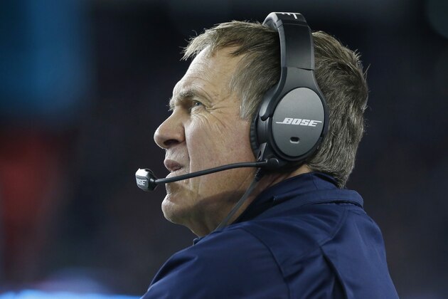 New England Patriots head coach Bill Belichick watches the action from the sideline in the first half of an NFL football game against the Miami Dolphins, Thursday, Oct. 29, 2015, in Foxborough, Mass. (AP Photo/Michael Dwyer) New England Patriots head coach Bill Belichick watches the action from the sideline in the first half of an NFL football game against the Miami Dolphins, Thursday, Oct. 29, 2015, in Foxborough, Mass. (AP Photo/Michael Dwyer)