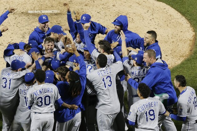 Member of the Kansas City Royals celebrates after Game 5 of the Major League Baseball World Series against the New York Mets Monday, Nov. 2, 2015, in New York. The Royals won 7-2 to win the series. (AP Photo/Peter Morgan)