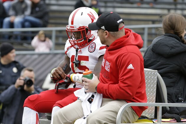 Nebraska wide receiver De'Mornay Pierson-El (15) is assisted after he was injured during the first half of an NCAA college football game against Purdue in West Lafayette, Ind., Saturday, Oct. 31, 2015. (AP Photo/Michael Conroy)