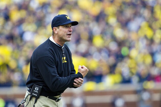 Michigan head coach Jim Harbaugh gestures from the sidelines in the second quarter of an NCAA college football game against Michigan State in Ann Arbor, Mich., Saturday, Oct. 17, 2015. (AP Photo/Tony Ding)