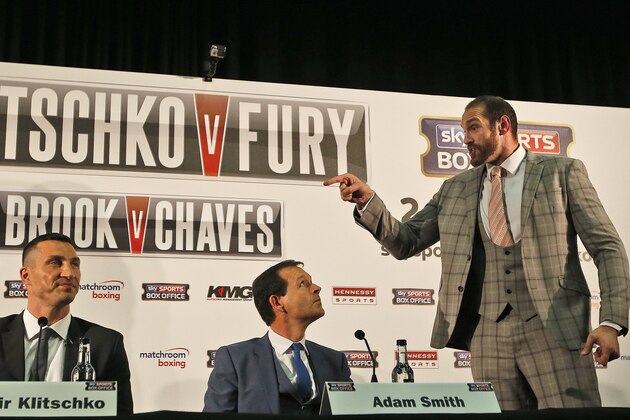 World Heavyweight boxing champion Wladimir Klitschko, left, is theatned by British heavyweight Tyson Fury, right during a press conference in London, Wednesday, Sept. 23, 2015. Klitschko will fight Fury in a heavyweight title bout on Oct. 24, in Duesseldorf, Germany.(AP Photo/Frank Augstein) World Heavyweight boxing champion Wladimir Klitschko, left, is theatned by British heavyweight Tyson Fury, right during a press conference in London, Wednesday, Sept. 23, 2015. Klitschko will fight Fury in a heavyweight title bout on Oct. 24, in Duesseldorf, Germany.(AP Photo/Frank Augstein)