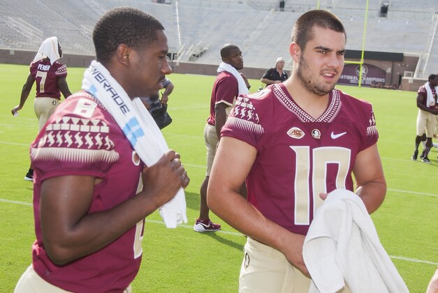 Florida State quarterbacks Everett Golson, left, and Sean Maguire await their team photo during NCAA college football media day in Tallahassee, Fla., Sunday, Aug. 9, 2015.  (AP Photo/Mark Wallheiser)