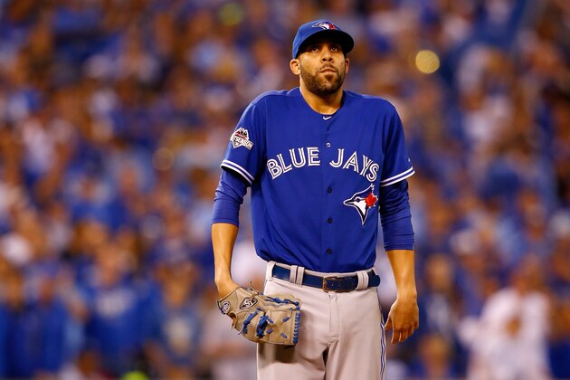 KANSAS CITY, MO - OCTOBER 23:  David Price #14 of the Toronto Blue Jays reacts on the mound in the seventh inning while taking on the Kansas City Royals in game six of the 2015 MLB American League Championship Series at Kauffman Stadium on October 23, 2015 in Kansas City, Missouri.  (Photo by Jamie Squire/Getty Images)