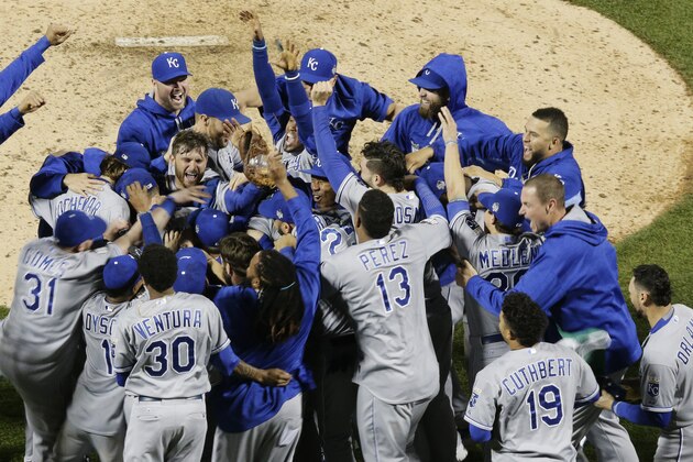 Member of the Kansas City Royals celebrates after Game 5 of the Major League Baseball World Series against the New York Mets Monday, Nov. 2, 2015, in New York. The Royals won 7-2 to win the series. (AP Photo/Peter Morgan)