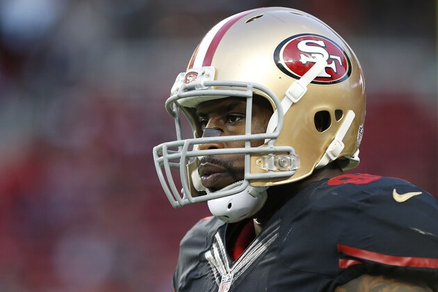 San Francisco 49ers tight end Vernon Davis (85) before an NFL football game against the Minnesota Vikings in Santa Clara, Calif., Monday, Sept. 14, 2015. (AP Photo/Tony Avelar)