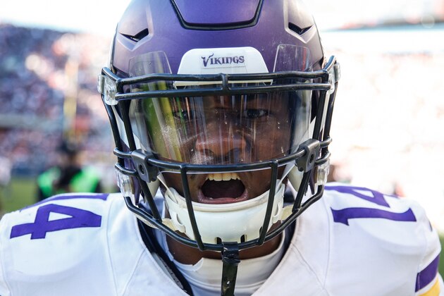 CHICAGO, IL - NOVEMBER 01:  Stefon Diggs #14 of the Minnesota Vikings reacts after scoring a touchdown in the fourth quarter against the Chicago Bears at Soldier Field on November 1, 2015 in Chicago, Illinois. The Minnesota Vikings defeat the Chicago Bears 23-20.  (Photo by Joe Robbins/Getty Images)