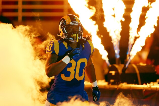 ST. LOUIS, MO - NOVEMBER 1: Todd Gurley #30 of the St. Louis Rams takes to the field during introductions before a game against the San Francisco 49ers at the Edward Jones Dome on November 1, 2015 in St. Louis, Missouri. (Photo by Dilip Vishwanat/Getty Images)