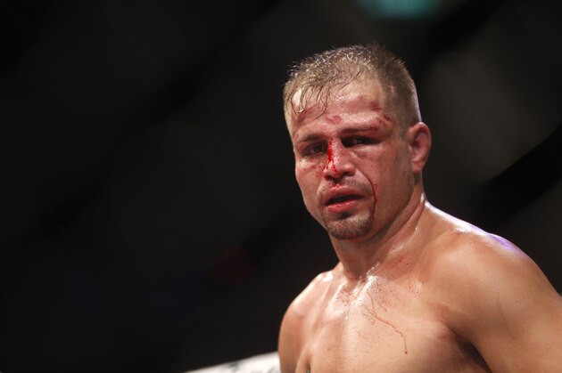 Fabio Maldonado, from Brazil, looks on as he fights Glover Teixeira, from Brazil, during their heavyweight mixed martial arts bout at the Ultimate Fighting Championship (UFC) 153 in Rio de Janeiro, Brazil, Sunday Oct.  14, 2012. Teixeira defeated Maldonado. (AP Photo/Felipe Dana)