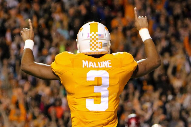 Oct 3, 2015; Knoxville, TN, USA; Tennessee Volunteers wide receiver Josh Malone (3) celebrates during the first quarter against the Arkansas Razorbacks at Neyland Stadium. Mandatory Credit: Randy Sartin-USA TODAY Sports