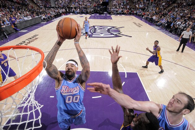 SACRAMENTO, CA - OCTOBER 30: Willie Cauley-Stein #00 of the Sacramento Kings rebounds against the Los Angeles Lakers on October 30, 2015 at Sleep Train Arena in Sacramento, California. NOTE TO USER: User expressly acknowledges and agrees that, by downloading and or using this photograph, User is consenting to the terms and conditions of the Getty Images Agreement. Mandatory Copyright Notice: Copyright 2015 NBAE (Photo by Rocky Widner/NBAE via Getty Images)