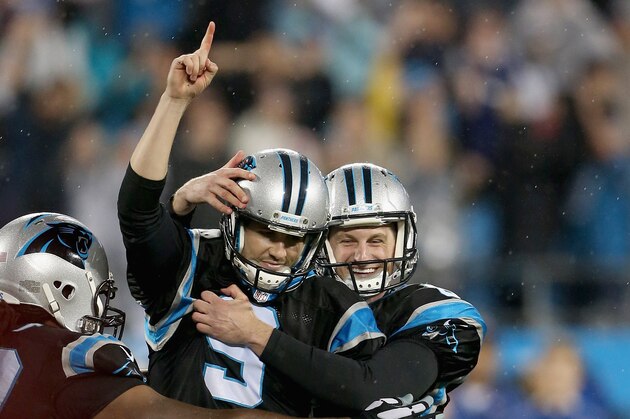 CHARLOTTE, NC - NOVEMBER 02:  Graham Gano #9 of the Carolina Panthers celebrates the game winning field goal, defeating the Indianapolis Colts 29-26 at Bank of America Stadium on November 2, 2015 in Charlotte, North Carolina.  (Photo by Streeter Lecka/Getty Images)