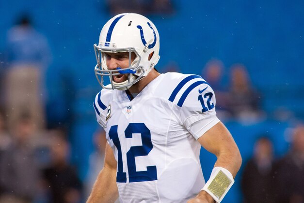 Nov 2, 2015; Charlotte, NC, USA; Indianapolis Colts quarterback Andrew Luck (12) tries to fire up his teammates prior to the game against the Carolina Panthers at Bank of America Stadium. Mandatory Credit: Jeremy Brevard-USA TODAY Sports