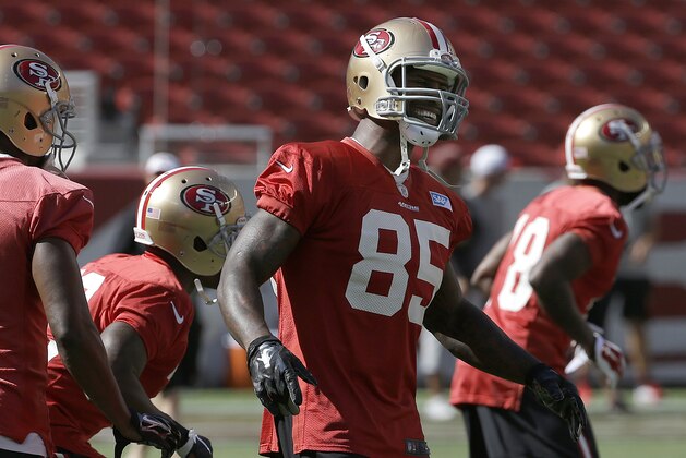 San Francisco 49ers tight end Vernon Davis (85) smiles during the team's NFL football training camp in Santa Clara, Calif., Sunday, Aug. 2, 2015. (AP Photo/Jeff Chiu)