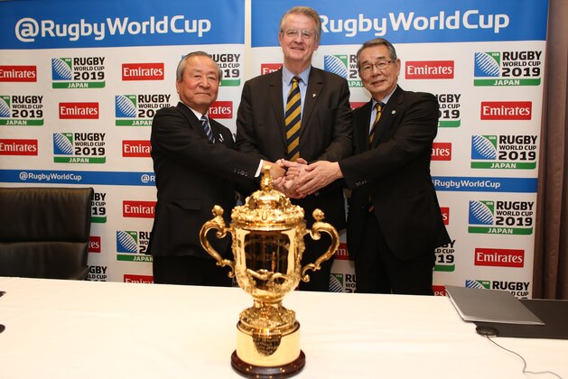 DUBLIN, IRELAND - MARCH 02: Akira Shimazu, CEO Japan World Rugby Cup 2019, Bernard Lapasset, Chairman Rugby World Cup Limited and Tatsuzo Yabe, Chairman of Japan Rugby Union at the announcement of the Rugby World Cup 2019 Venues at the Westbury Hotel on March 2, 2015 in Dublin, Ireland. (Photo by Patrick Bolger/Getty Images)