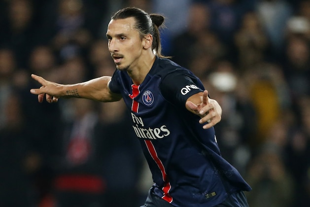 PARIS, FRANCE - OCTOBER 4: Zlatan Ibrahimovic of PSG celebrates scoring a goal during the French Ligue 1 match between Paris Saint-Germain FC (PSG) and Olympique de Marseille at Parc des Princes stadium on October 4, 2015 in Paris, France. (Photo by Jean Catuffe/Getty Images)