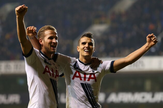 LONDON, ENGLAND - NOVEMBER 02:   Harry Kane of Tottenham Hotspur celebrates after he scores to make it 3-1 with Erik Lamela of Tottenham Hotspur during the Barclays Premier League match between Tottenham Hotspur and Aston Villa at White Hart Lane on November 2, 2015 in London, England.  (Photo by Catherine Ivill - AMA/Getty Images)
