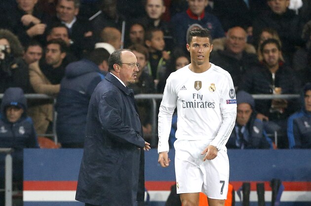 PARIS, FRANCE - OCTOBER 21: Coach of Real Madrid Rafael Benitez and Cristiano Ronaldo of Real Madrid look on during the UEFA Champions League match between Paris Saint-Germain (PSG) and Real Madrid at Parc des Princes stadium on October 21, 2015 in Paris, France. (Photo by Jean Catuffe/Getty Images)