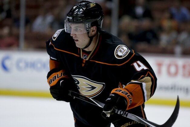 Anaheim Ducks defenseman Cam Fowler plays against the Colorado Avalanche during the first period of an NHL hockey preseason game in Anaheim, Calif., Monday, Sept. 22, 2014. (AP Photo/Chris Carlson)