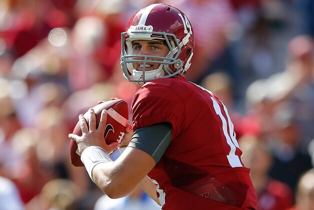 TUSCALOOSA, AL - SEPTEMBER 12:  Jake Coker #14 of the Alabama Crimson Tide looks to pass against the Middle Tennessee Blue Raiders at Bryant-Denny Stadium on September 12, 2015 in Tuscaloosa, Alabama.  (Photo by Kevin C. Cox/Getty Images)