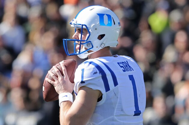 Duke Blue Devils' QB Thomas Sirk #1 in action against the Army West Point Black Knights during a college football game on Saturday, October 10, 2015 in West Point, NY.  Duke won.  (AP Photo/Gregory Payan)