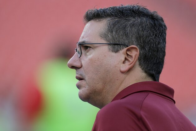 Washington Redskins owner Daniel Snyder watches the teams warm up before an NFL preseason football game between the Washington Redskins and the Jacksonville Jaguars in Landover, Md., Thursday, Sept. 3, 2015. (AP Photo/Mark Tenally)