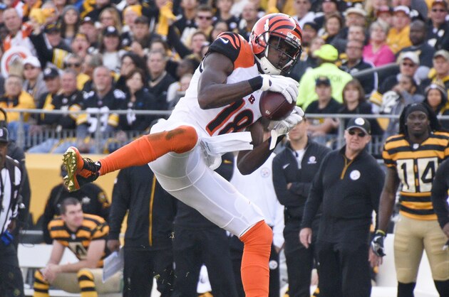Cincinnati Bengals wide receiver A.J. Green (18) makes a catch during an NFL football game against the Pittsburgh Steelers, Sunday, Nov. 1, 2015, in Pittsburgh. (AP Photo/Don Wright) Cincinnati Bengals wide receiver A.J. Green (18) makes a catch during an NFL football game against the Pittsburgh Steelers, Sunday, Nov. 1, 2015, in Pittsburgh. (AP Photo/Don Wright)