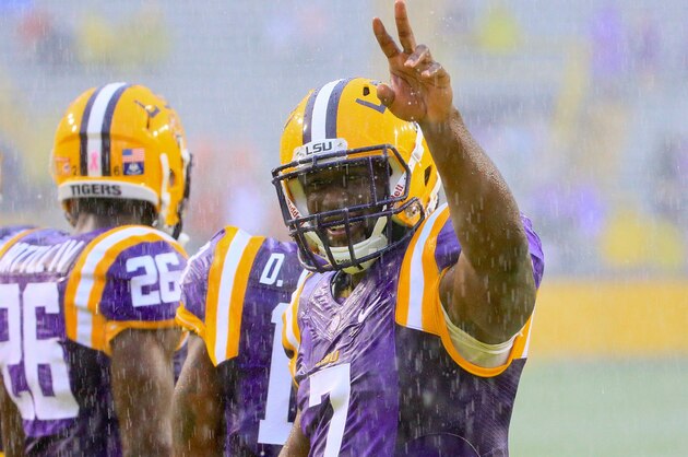 Oct 24, 2015; Baton Rouge, LA, USA; LSU Tigers running back Leonard Fournette (7) warms up in the rain before a game against the Western Kentucky Hilltoppers at Tiger Stadium. Mandatory Credit: Derick E. Hingle-USA TODAY Sports