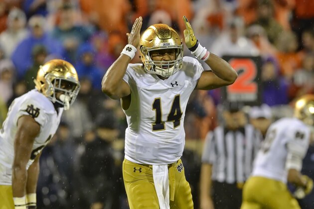 Notre Dame quarterback DeShone Kizer calls a play during the first half of an NCAA college football game against Clemson Saturday, Oct. 3, 2015,  in Clemson,  S.C.  Clemson won 24-22. (AP Photo/Richard Shiro)