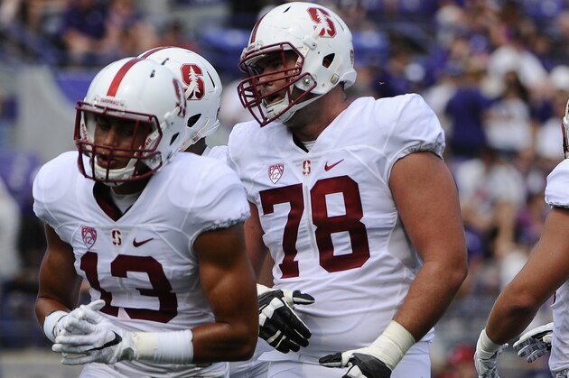 Stanford  wide receiver Rollins Stallworth (13) and Stanford Cardinal offensive tackle Kyle Murphy (78) during the first quarter of an NCAA college football against Northwestern in Evanston, Ill,  Saturday, Sept. 5, 2015. (AP Photo/Matt Marton