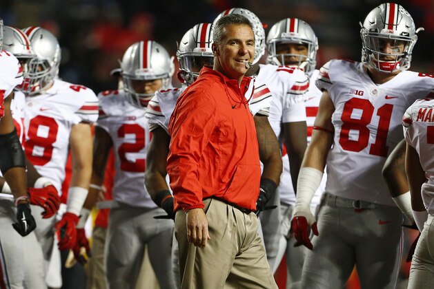 PISCATAWAY, NJ - OCTOBER 24: Head coach Urban Meyer of the Ohio State Buckeyes during warmups before a game against the Rutgers Scarlet Knights at High Point Solutions Stadium on October 24, 2015 in Piscataway, New Jersey. (Photo by Rich Schultz /Getty Images)