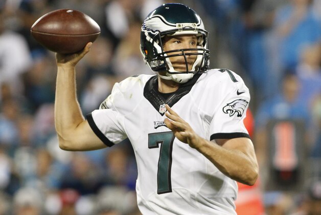 Philadelphia Eagles' Sam Bradford (7) looks to pass against the Carolina Panthers in the first half of an NFL football game in Charlotte, N.C., Sunday, Oct. 25, 2015. (AP Photo/Bob Leverone)