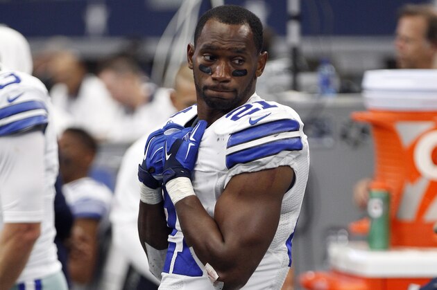 Dallas Cowboys' Joseph Randle stands in the team bench area during an NFL football game against the Atlanta Falcons Sunday, Sept. 27, 2015, in Arlington, Texas. (AP Photo/Brandon Wade)