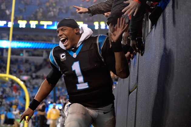 CHARLOTTE, NC - NOVEMBER 02:  Cam Newton #1 of the Carolina Panthers celebrates with fans after a win against the Indianapolis Colts at Bank of America Stadium on November 2, 2015 in Charlotte, North Carolina. The Panthers won 29-26 in overtime.  (Photo by Grant Halverson/Getty Images)