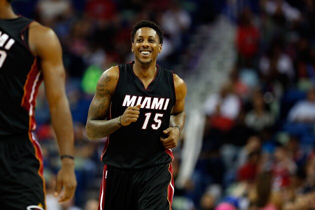 Miami Heat guard Mario Chalmers (15) during the second half of an NBA preseason basketball game in New Orleans, Friday, Oct 23, 2015. (AP Photo/Tyler Kaufman)