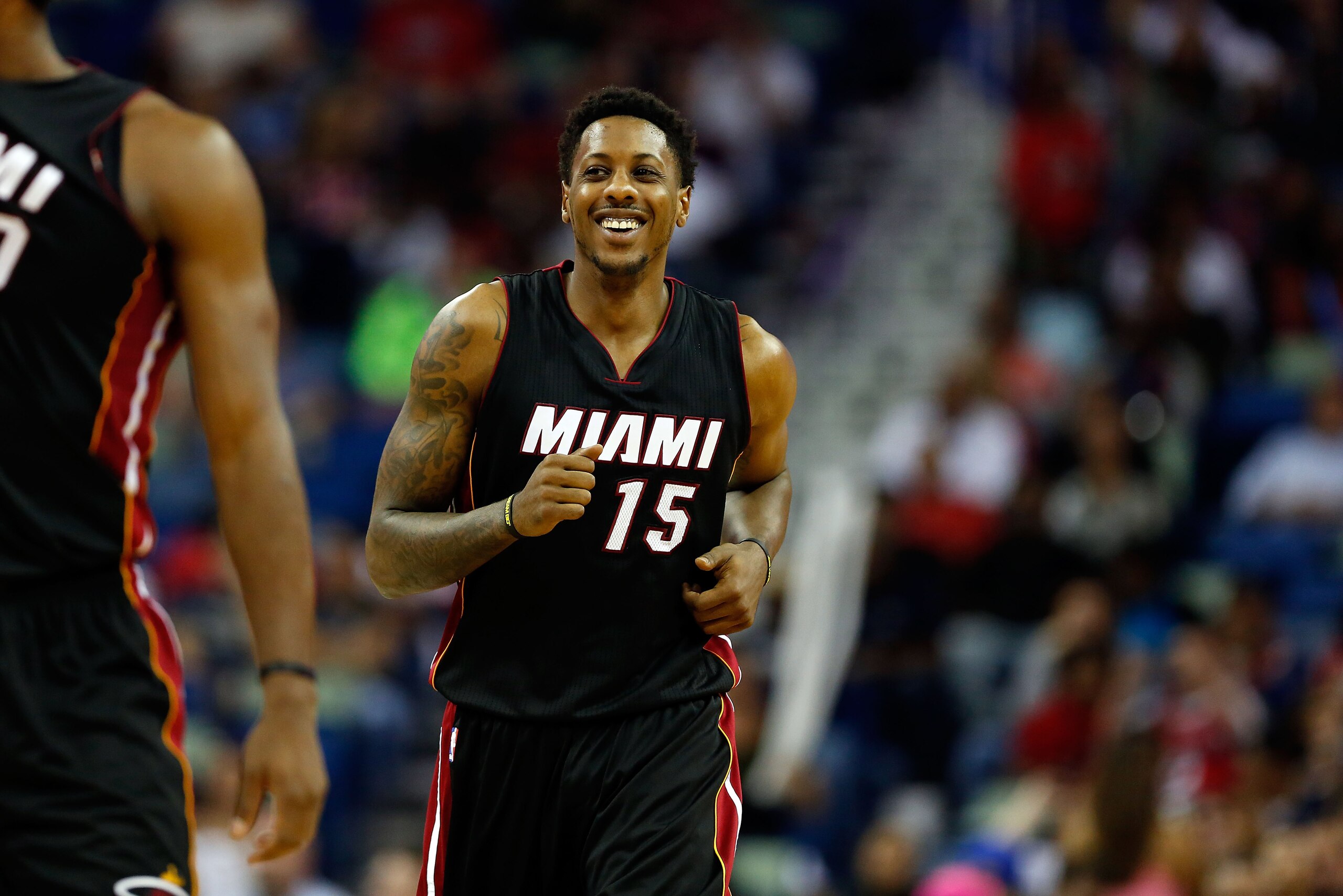 Miami Heat guard Mario Chalmers (15) during the second half of an NBA preseason basketball game in New Orleans, Friday, Oct 23, 2015. (AP Photo/Tyler Kaufman)