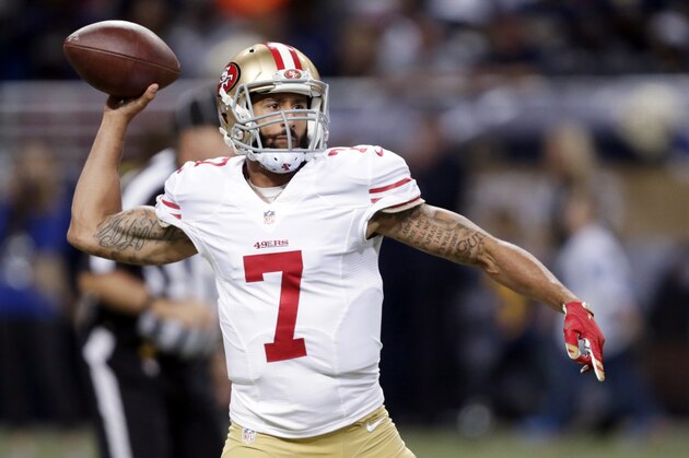 FILE - In this Nov. 1, 2015, file photo, San Francisco 49ers quarterback Colin Kaepernick throws during the first quarter of an NFL football game against the St. Louis Rams in St. Louis. A person with knowledge of the decision said quarterback Kaepernick has been told he won't start Sunday, Nov. 8, 2015, for the 49ers, replaced by backup Blaine Gabbert. The person spoke on condition of anonymity Monday, Nov. 2, 2015, because the decision wasn't to be discussed publicly. (AP Photo/Tom Gannam, File)