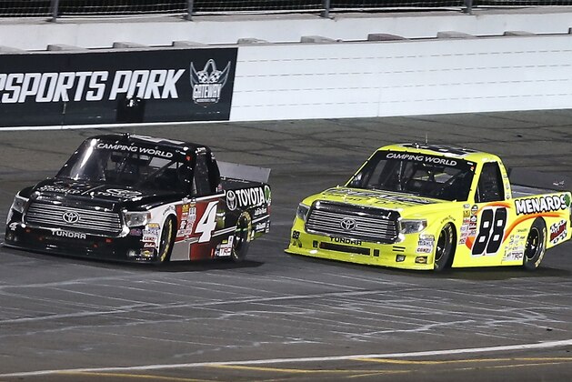 Erik Jones (4) leads Matt Crafton (88) down the back straight during the NASCAR Truck Series auto race at Gateway Motorsports Park on Saturday, June 13, 2015, in Madison, Ill. (AP Photo/Scott Kane) Erik Jones (4) leads Matt Crafton (88) down the back straight during the NASCAR Truck Series auto race at Gateway Motorsports Park on Saturday, June 13, 2015, in Madison, Ill. (AP Photo/Scott Kane)