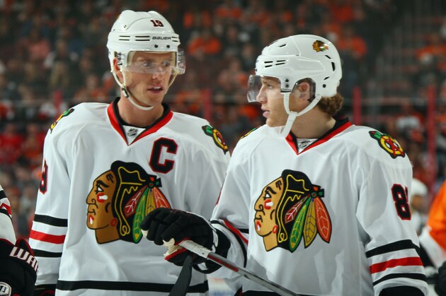 PHILADELPHIA, PA - OCTOBER 14:  Jonathan Toews #19 and Patrick Kane #88 of the Chicago Blackhawks skate against the Philadelphia Flyers at the Wells Fargo Center on October 14, 2015 in Philadelphia, Pennsylvania.  (Photo by Bruce Bennett/Getty Images)