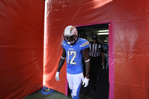 San Diego Chargers wide receiver Jacoby Jones (12) comes onto the field before an NFL football game against the Oakland Raiders Sunday, Oct. 25, 2015, in San Diego. (AP Photo/Denis Poroy)