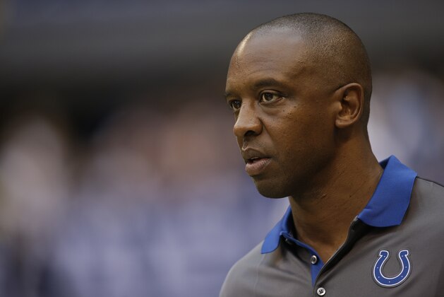 Indianapolis Colts offensive coordinator Pep Hamilton before an NFL exhibition football game against the Chicago Bears in Indianapolis, Saturday, Aug. 22, 2015. (AP Photo/AJ Mast)