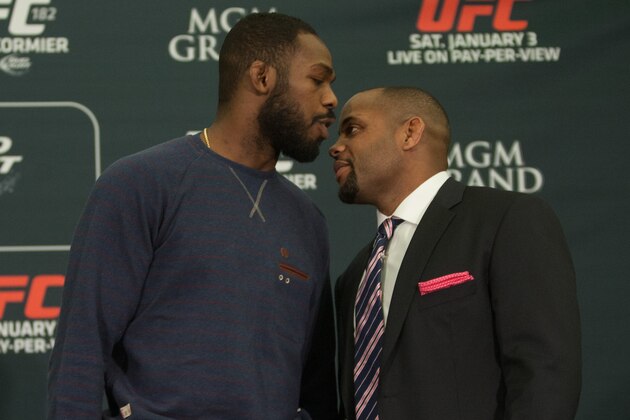 LAS VEGAS, NEVADA - JANUARY 01:  (L-R) UFC light heavyweight champion Jon Jones and Daniel Cormier face off during the UFC 182 Media Day at the MGM Grand Hotel and Casino on January 1, 2015 in Las Vegas, Nevada. (Photo by Brandon Magnus/Zuffa LLC/Zuffa LLC via Getty Images)