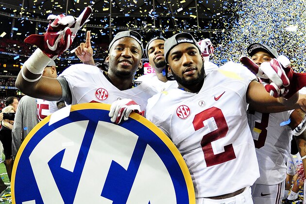 ATLANTA, GA - DECEMBER 06:  DeAndrew White #2 of the Alabama Crimson Tide celebrates with teammates after their 42 to 13 win over the Missouri Tigers in the SEC Championship game at the Georgia Dome on December 6, 2014 in Atlanta, Georgia.  (Photo by Scott Cunningham/Getty Images)